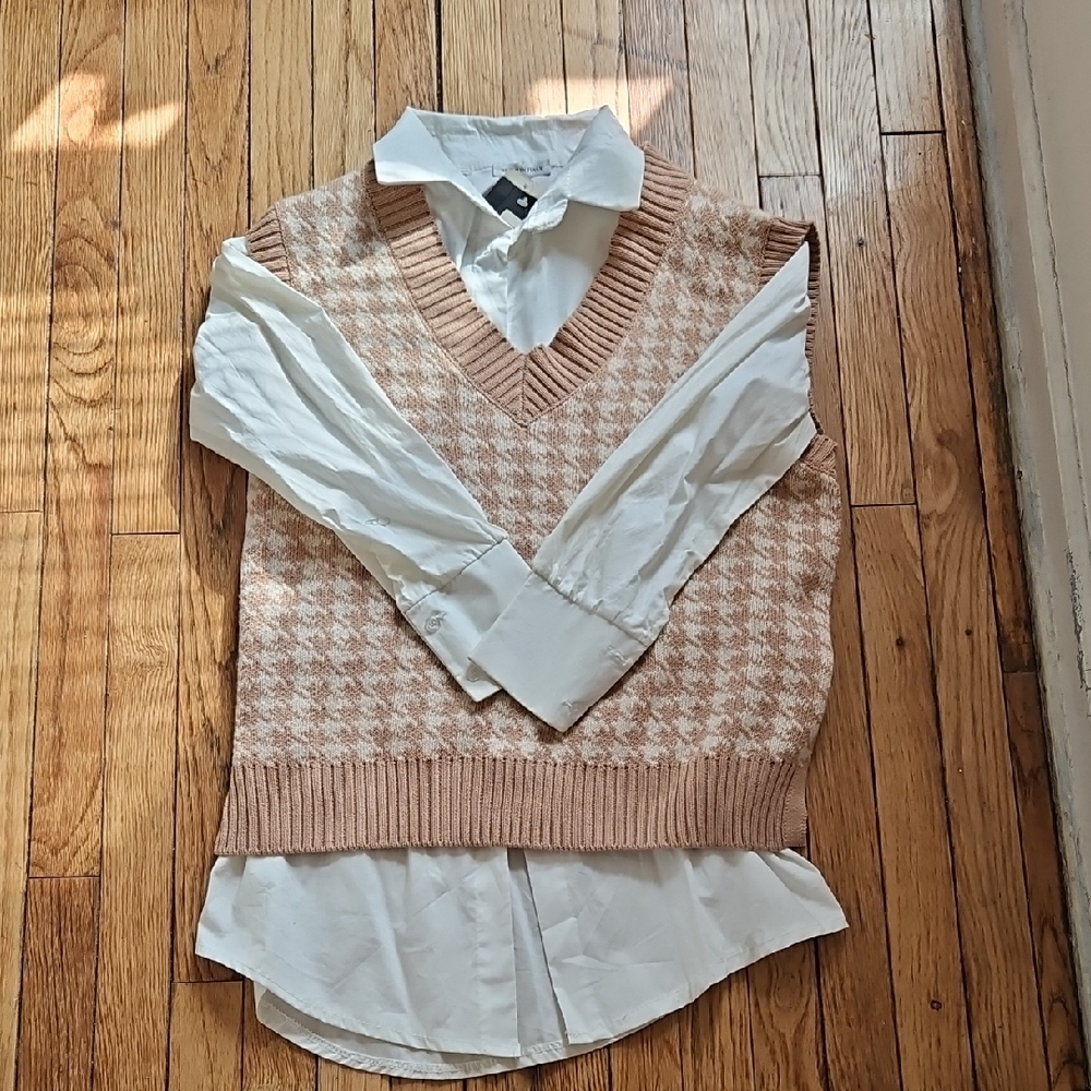 Houndstooth Beige Knit Sweater Vest - Picture 1 of 3